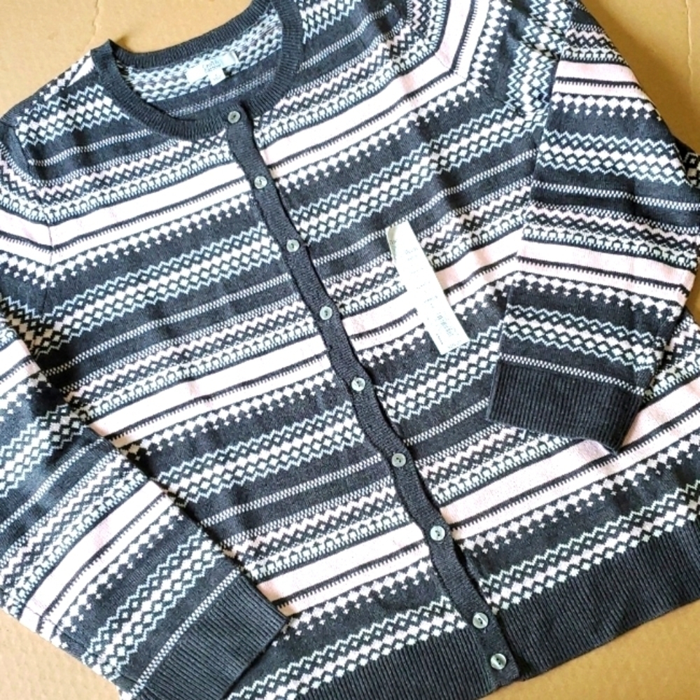 Croft & Barrow Extra cozy Cadigan Pink & Gray stripe cardigan large NWT - Picture 1 of 10